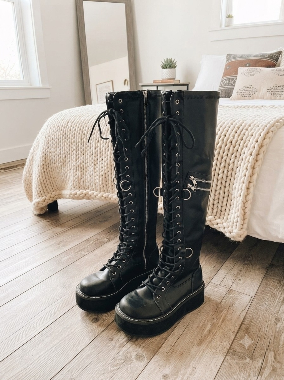 Thigh High Black Lace-Up Platform Boots with Side Zipper